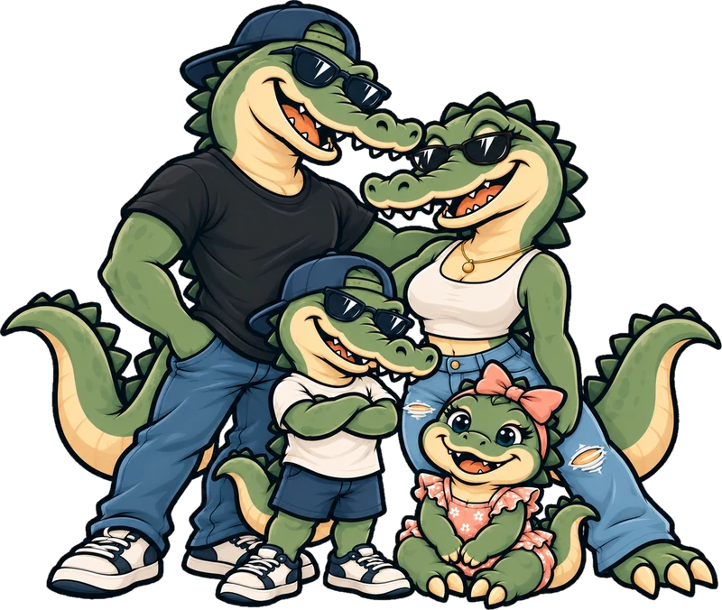 Cartoon of Evan, Kayla and their two kids as a family of alligators